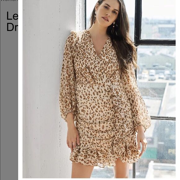 Express Leopard Ruched Ruffle Dress - Picture 1 of 5